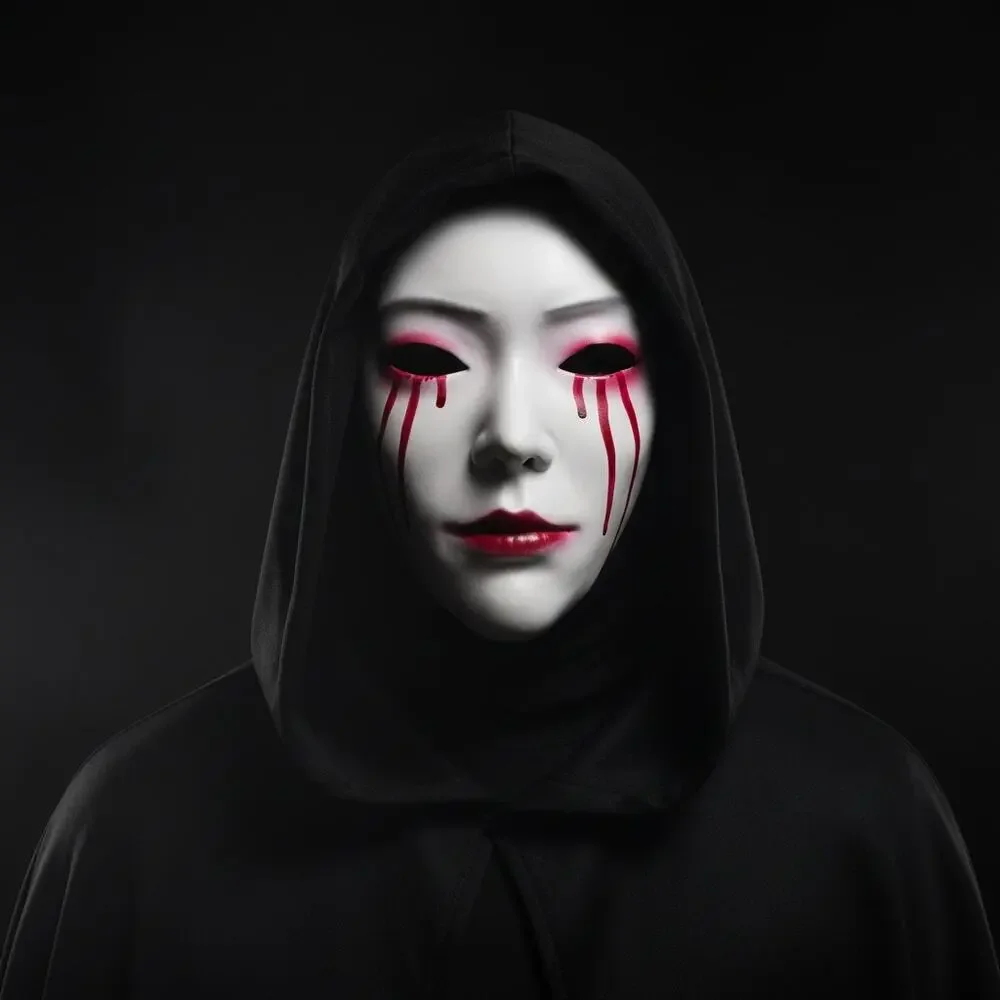 Horror Geisha Mask White Bloody Tears-Japanese Style-Halloween Cosplay Costume